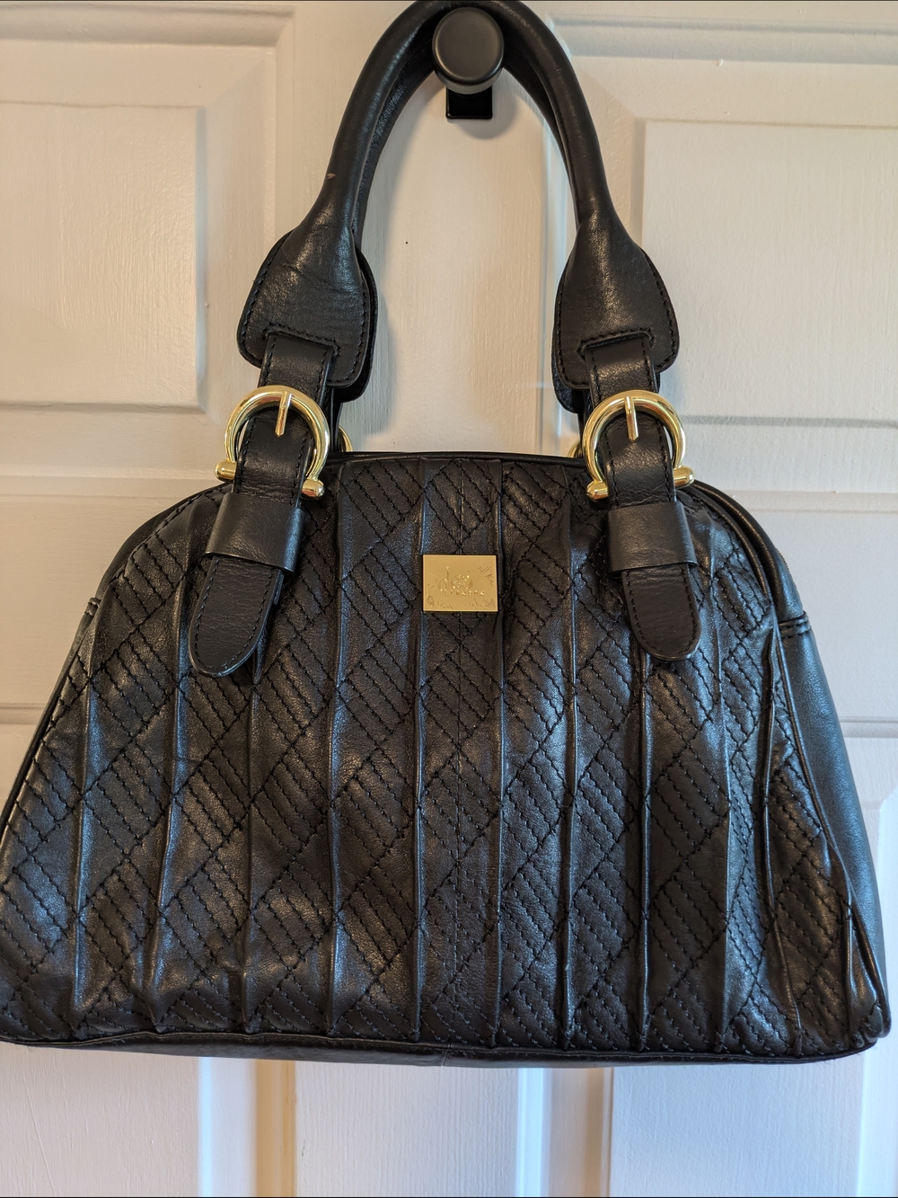 Black Quilted Leather Satchel Handbag with Gold Hardware